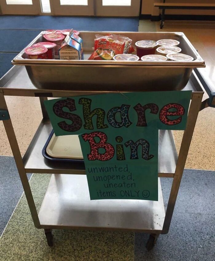 Share bin with unopened food items on a cart, a smart invention that helps reduce food waste and share unused snacks.