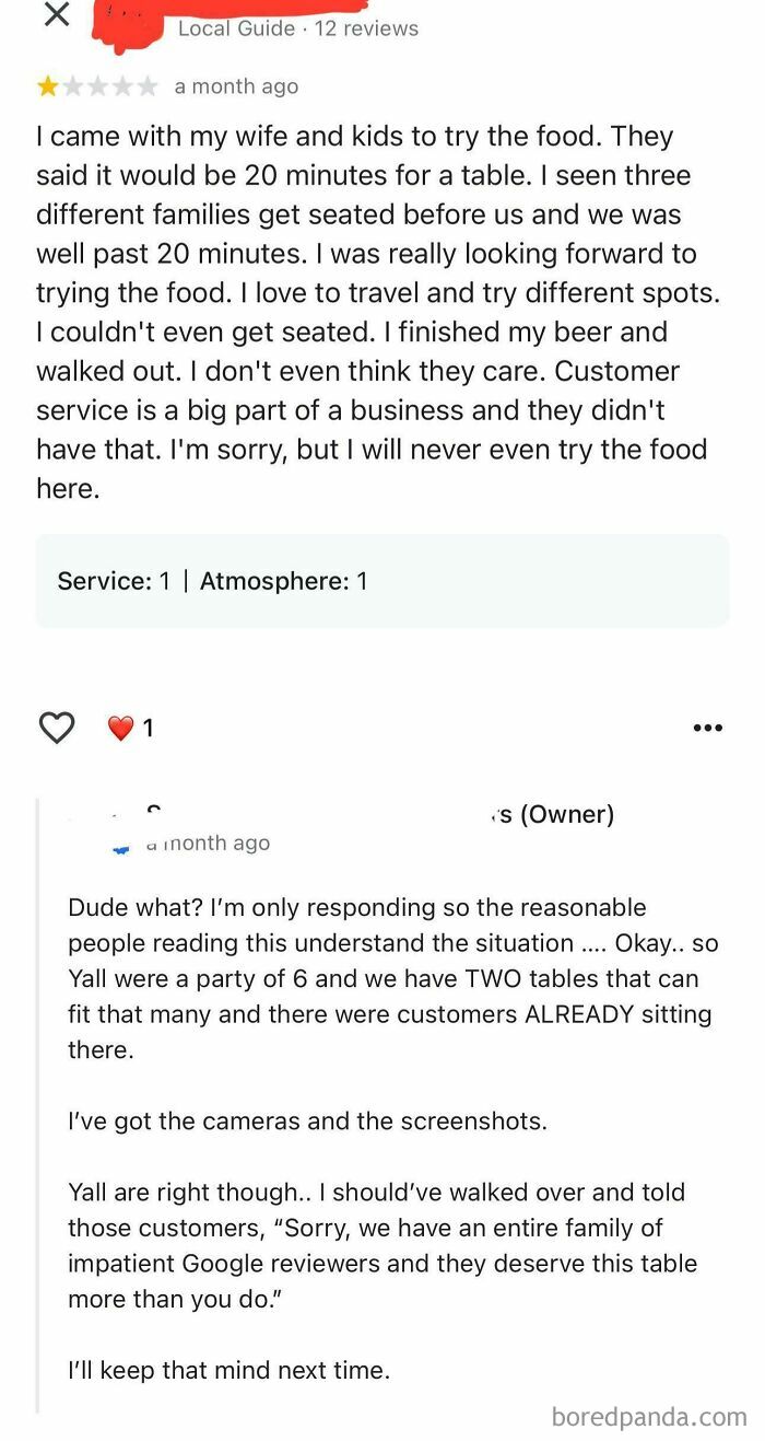 Screenshot of a funny and ridiculous 1-star review with a witty business response on Google reviews.