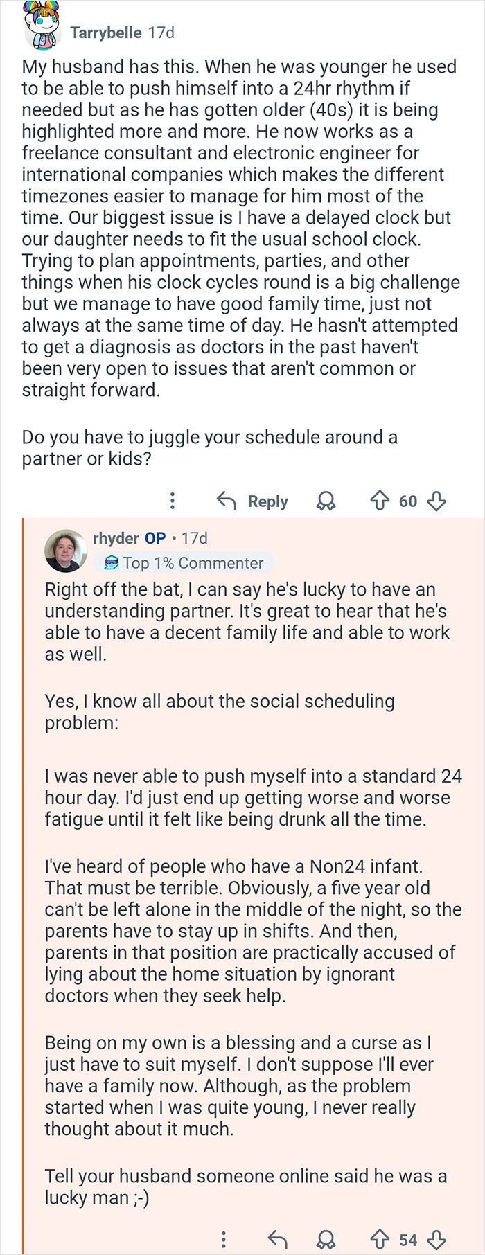 Reddit conversation discussing challenges of living in 26-hour days and managing social scheduling with family.