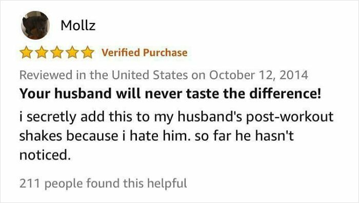 Funny and ridiculous 1-star review example where a buyer humorously admits to secretly adding product to husband's shakes.