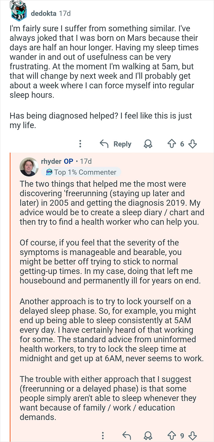 Reddit conversation discussing living in 26-hour days, sleep phase disorder, and coping strategies for delayed sleep patterns.