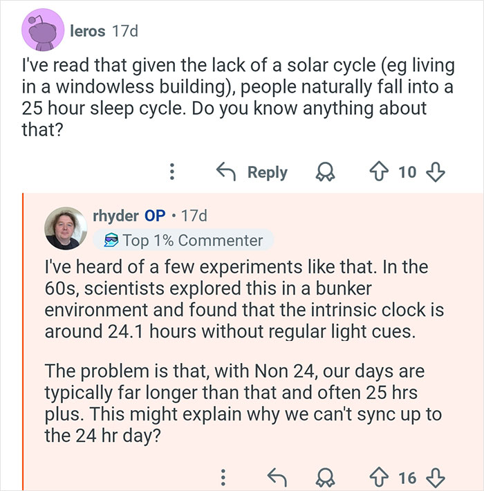 Reddit discussion about living in 26-hour days and challenges syncing biological clocks with 24-hour cycles.