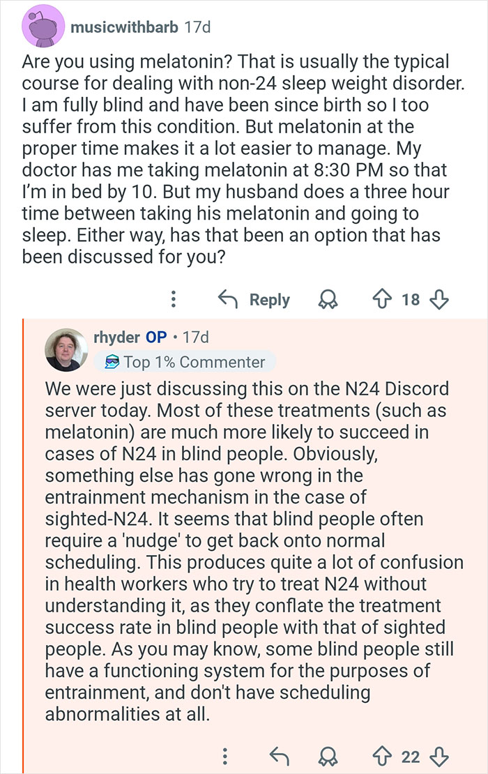 Reddit conversation about melatonin treatment options for managing non-24-hour sleep-wake disorder in blind and sighted people.