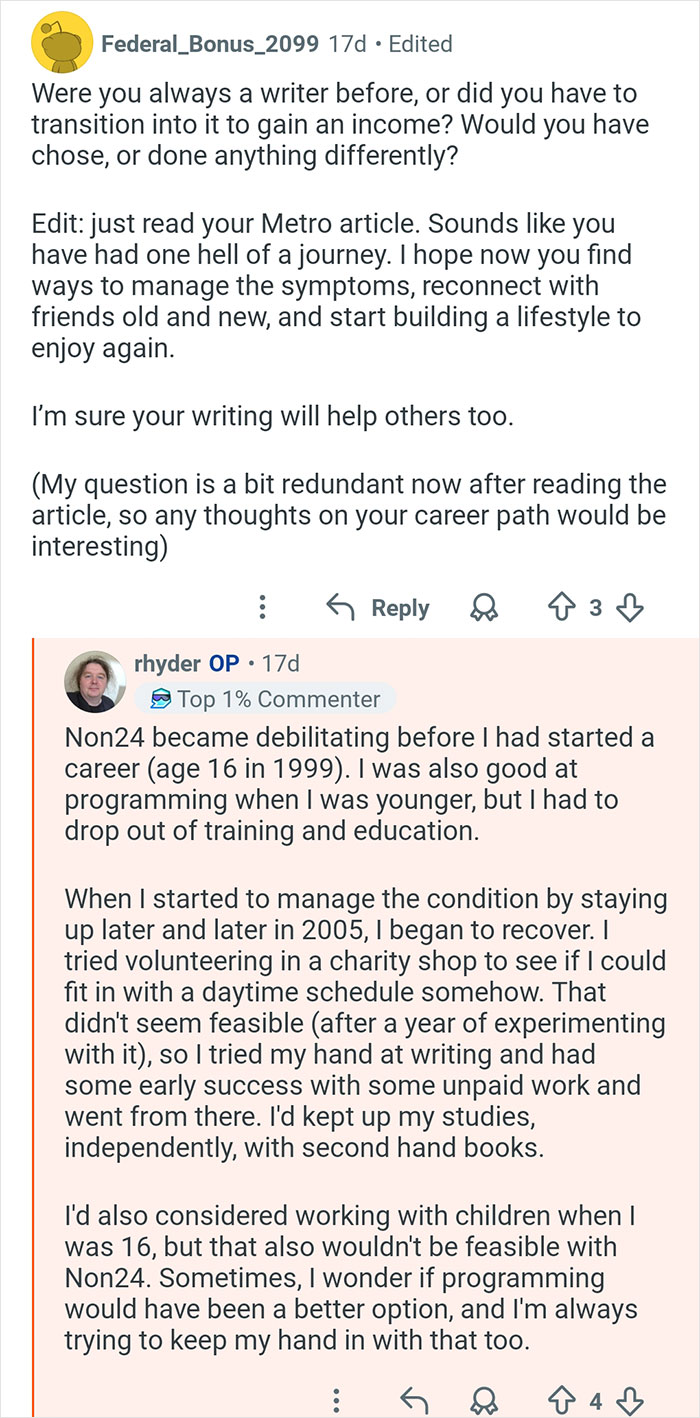 Screenshot of a Reddit Q&A discussing living with non-24-hour days and managing a 26-hour daily cycle condition.