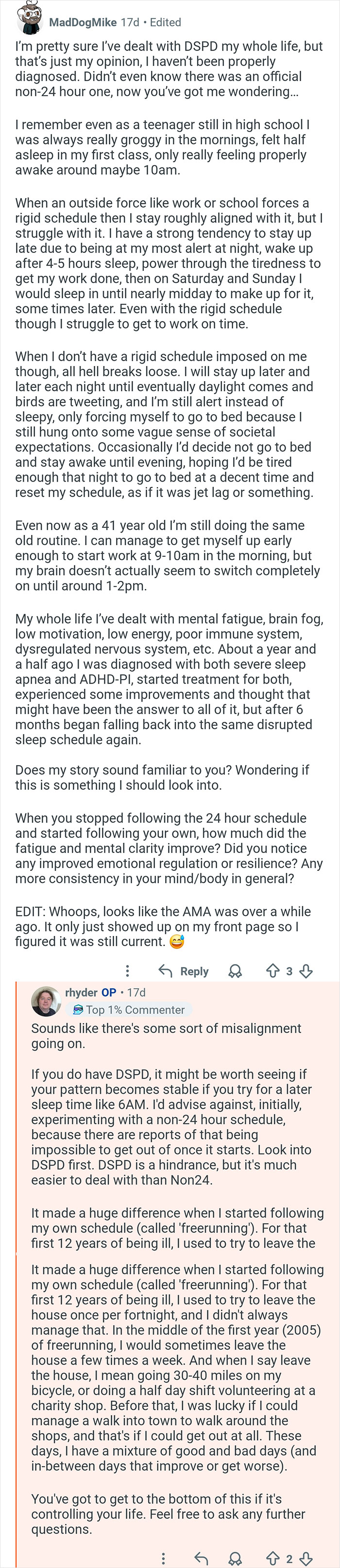 Reddit Q&A discussing living with a 26-hour day and challenges of being out of sync with the outside world.