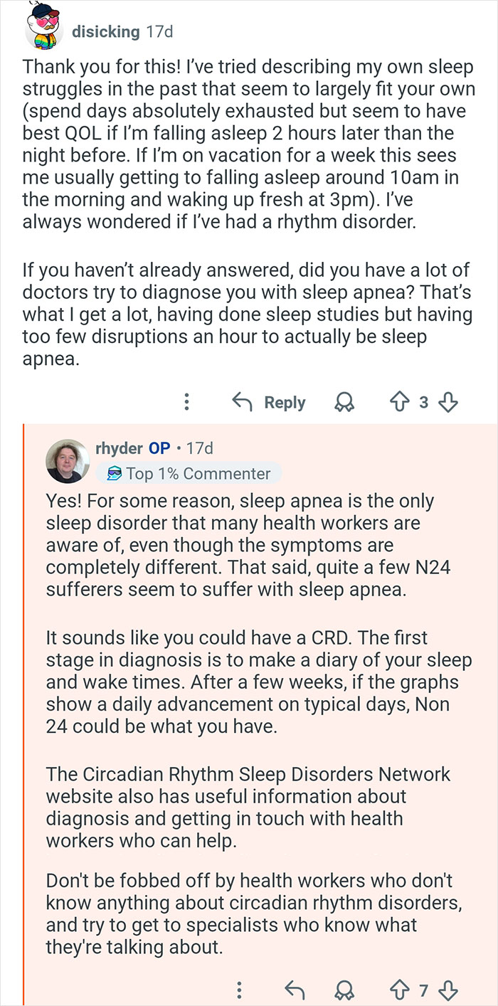 Reddit discussion about sleep apnea, circadian rhythm disorders, and living with 26-hour day sleep struggles.