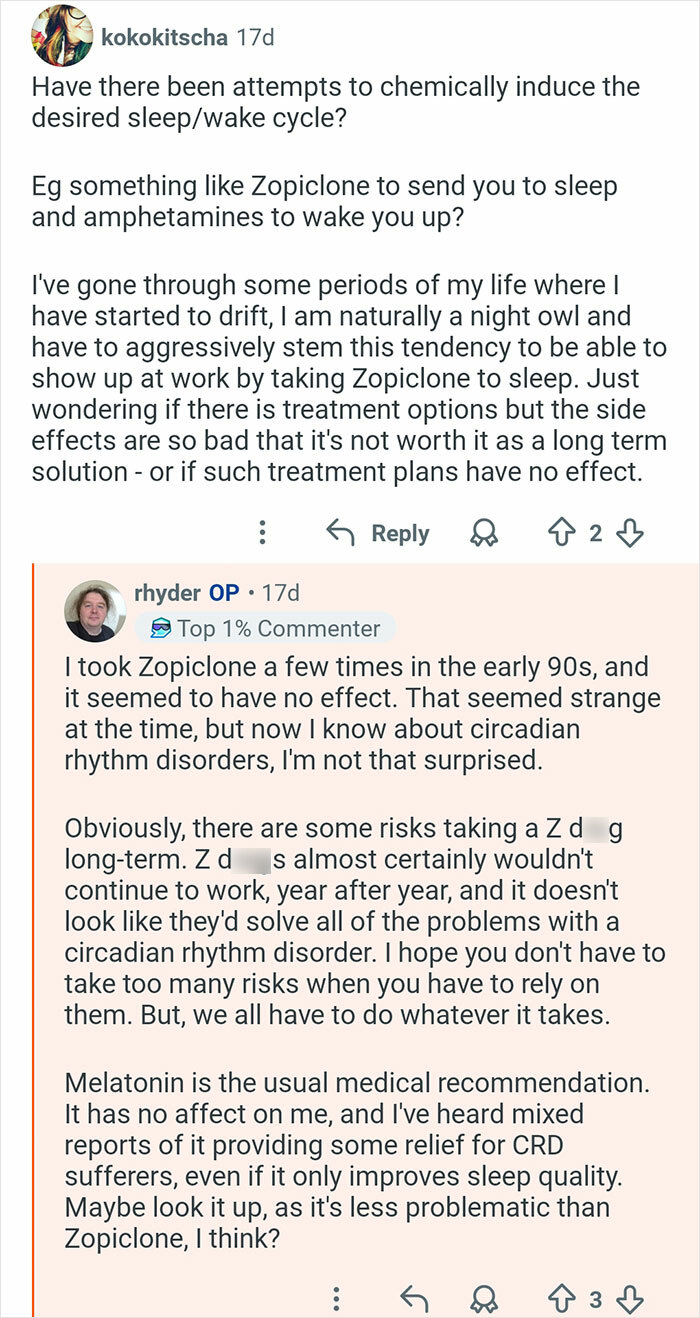 Reddit Q&A discussing circadian rhythm disorders and treatments like Zopiclone and melatonin for 26-hour day cycles.