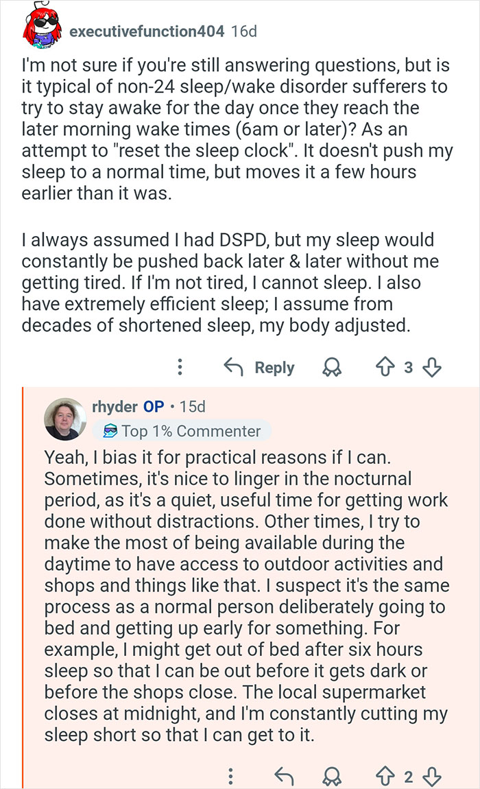 Forum conversation about living with a 26-hour day sleep-wake disorder and managing out of sync rhythms.