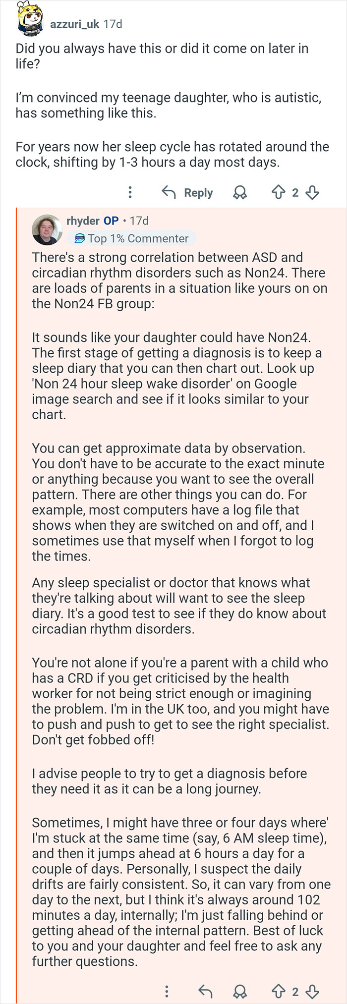 Reddit conversation about circadian rhythm disorders and 26-hour days affecting sleep cycles and diagnosis.