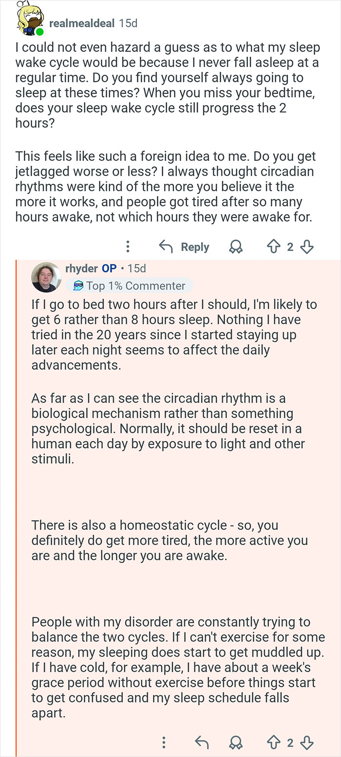 Forum discussion about challenges with circadian rhythms and living with a 26-hour day sleep disorder and cycles.