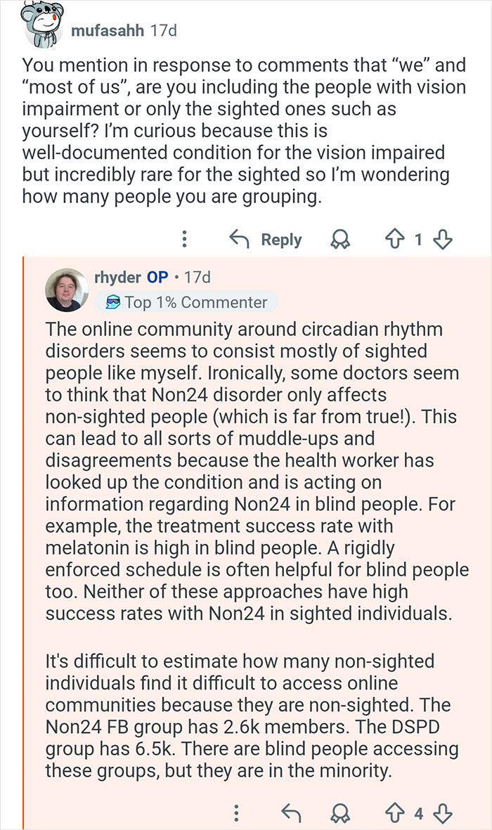 Reddit conversation discussing circadian rhythm disorders and living with 26-hour days from someone with Non24 disorder.