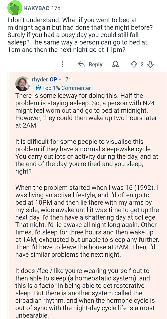 Reddit conversation discussing challenges of living with a 26-hour day and being out of sync with the outside world.