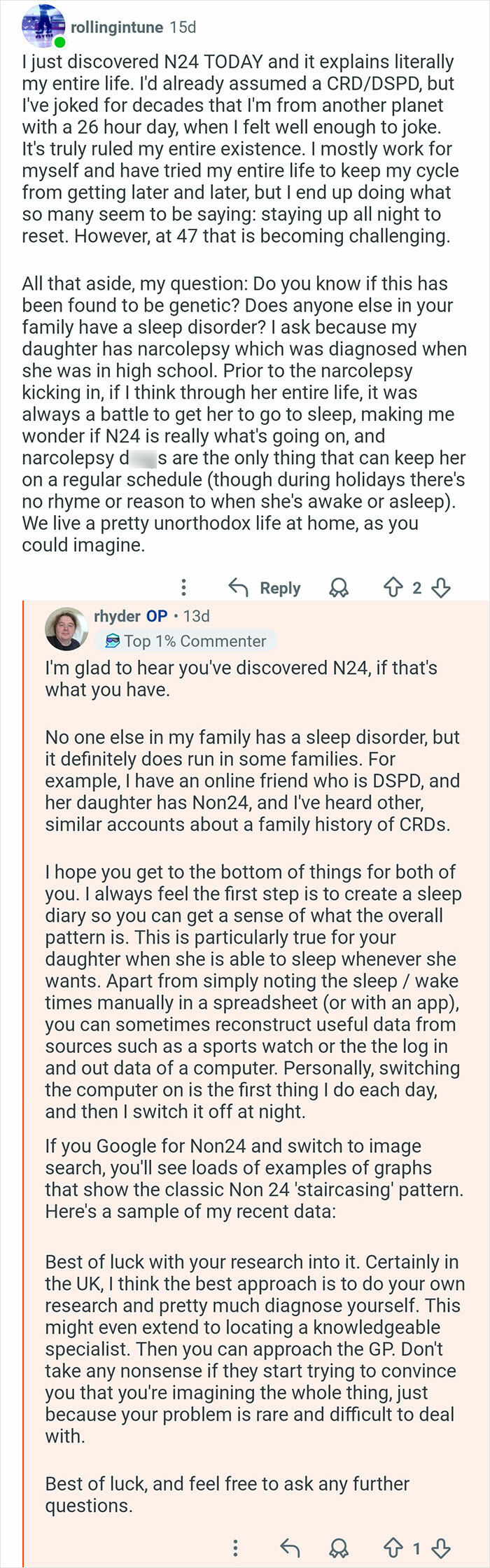 Reddit user discusses living with a 26-hour day cycle and shares insights about sleep disorders and family history.