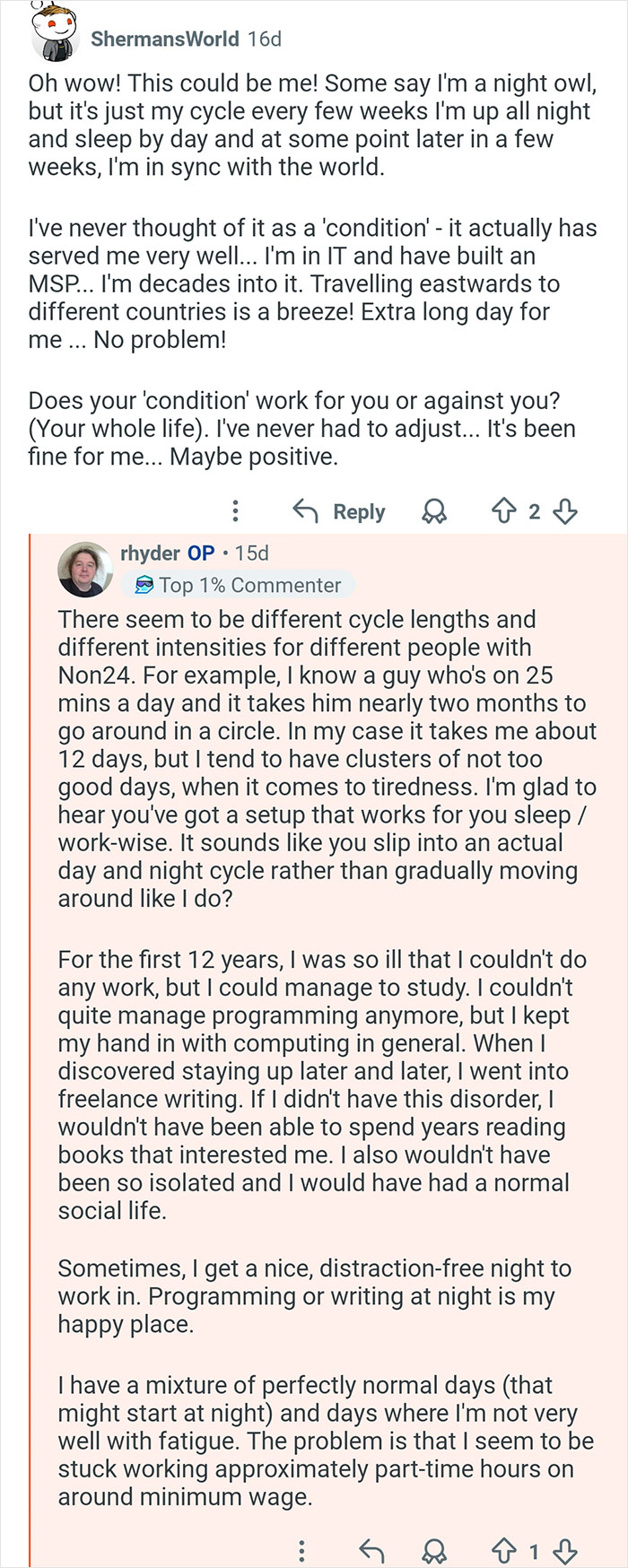 Reddit conversation about living with a 26-hour day cycle and adapting to out of sync rhythms.