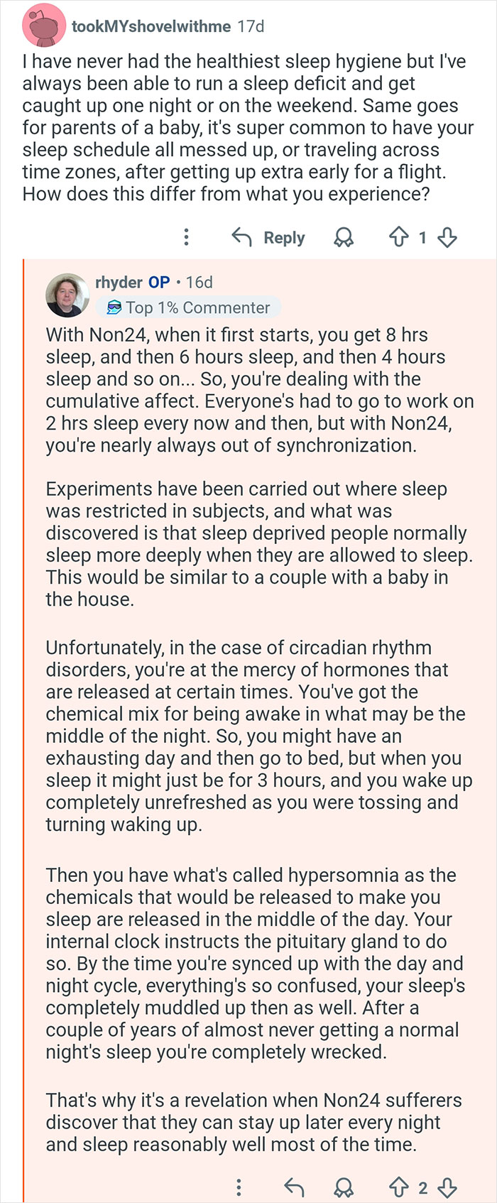 Reddit Q&A discussing living out of sync with the outside world due to circadian rhythm disorder and 26-hour days.