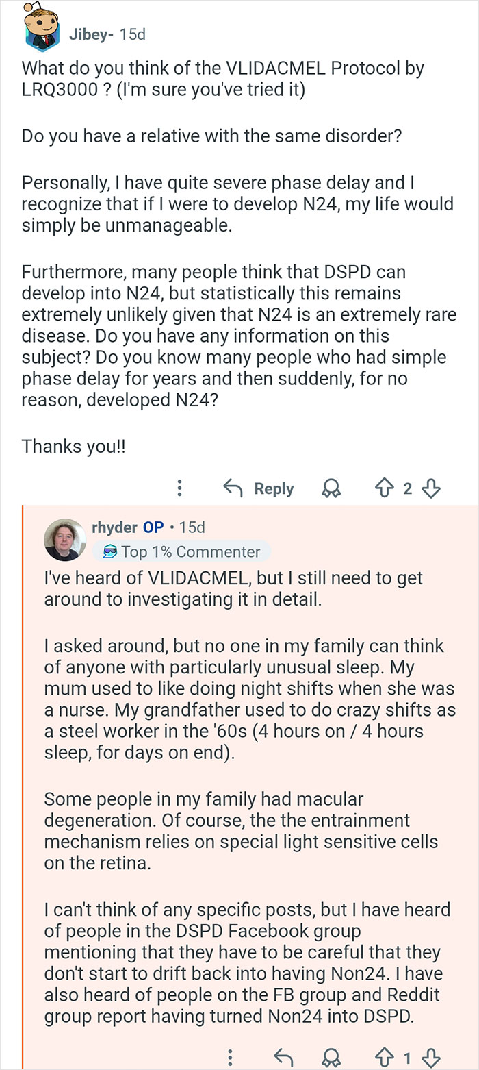 Online Q&A discussing living with 26-hour days and challenges of circadian rhythm disorder phase delay.
