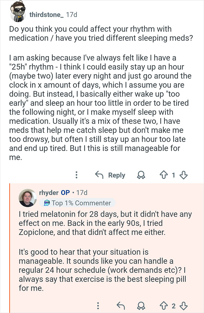 Reddit user discusses managing a unique 26-hour day rhythm and challenges with sleep medication and schedules.