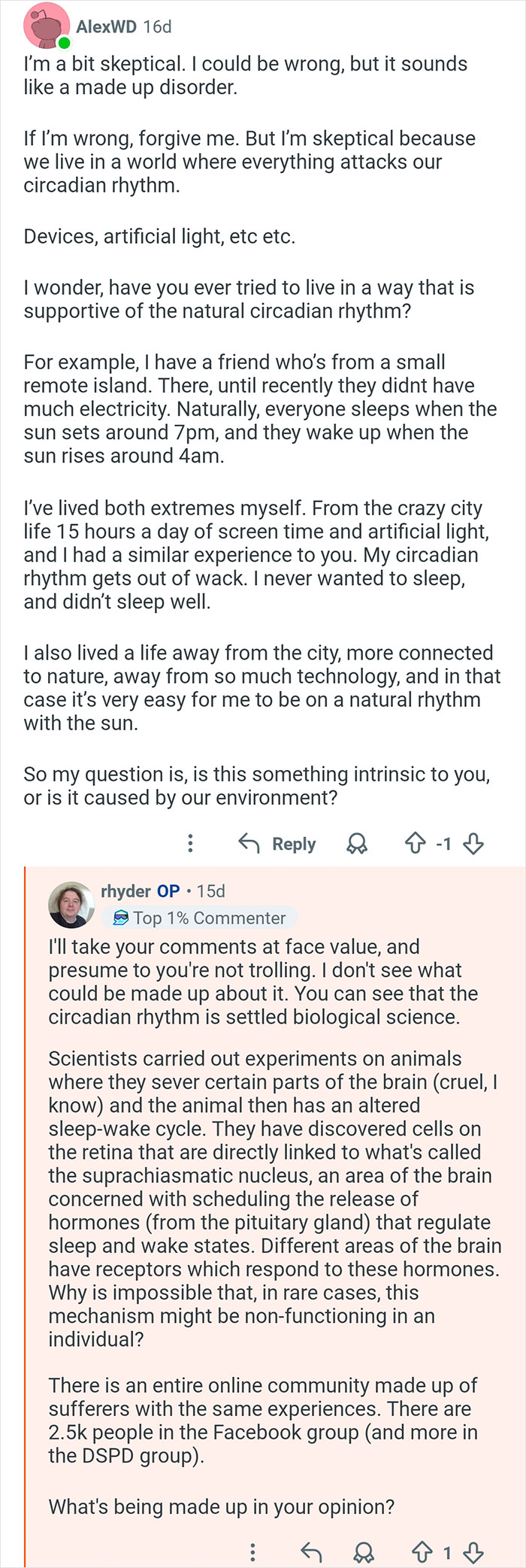 Reddit discussion about circadian rhythm disruption and living out of sync with the outside world’s natural day length.