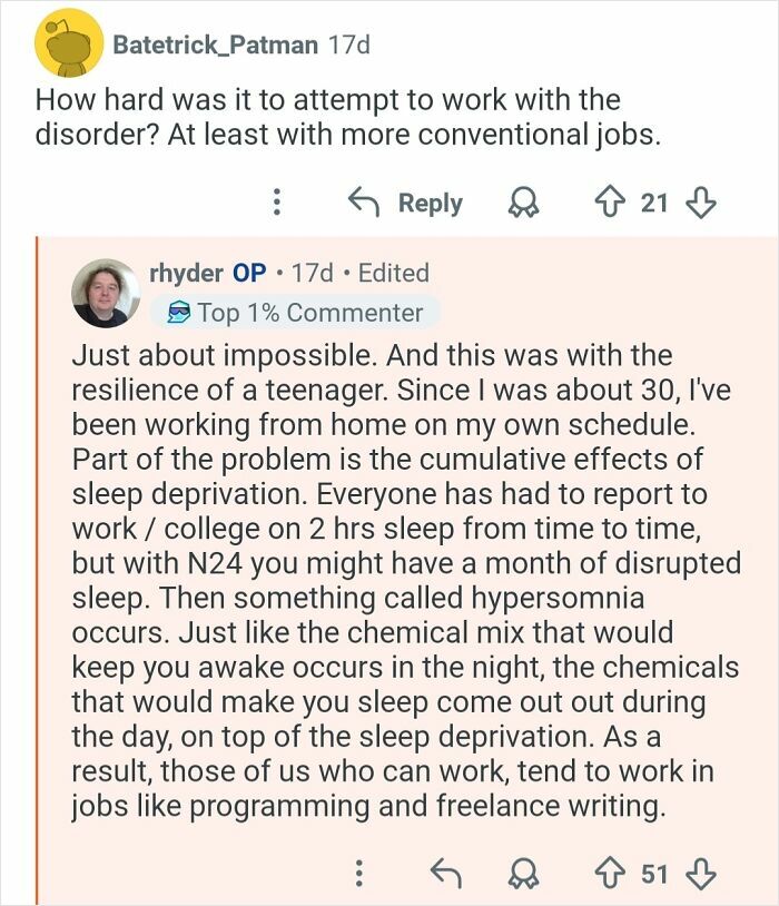 Reddit Q&A discussing challenges of working with a 26-hour day disorder and effects of disrupted sleep cycles.