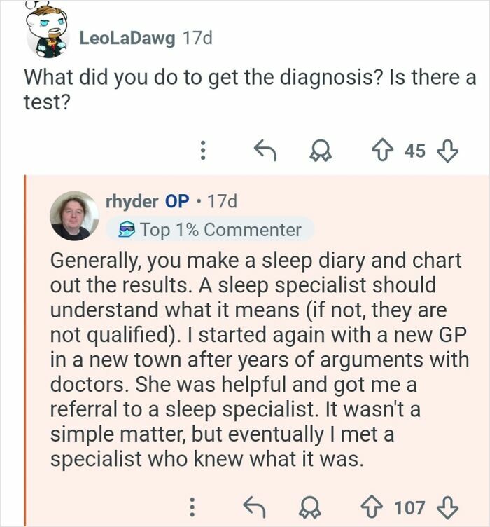 Screenshot of an online Q&A discussing diagnosis and sleep specialist referrals for living in 26-hour days.