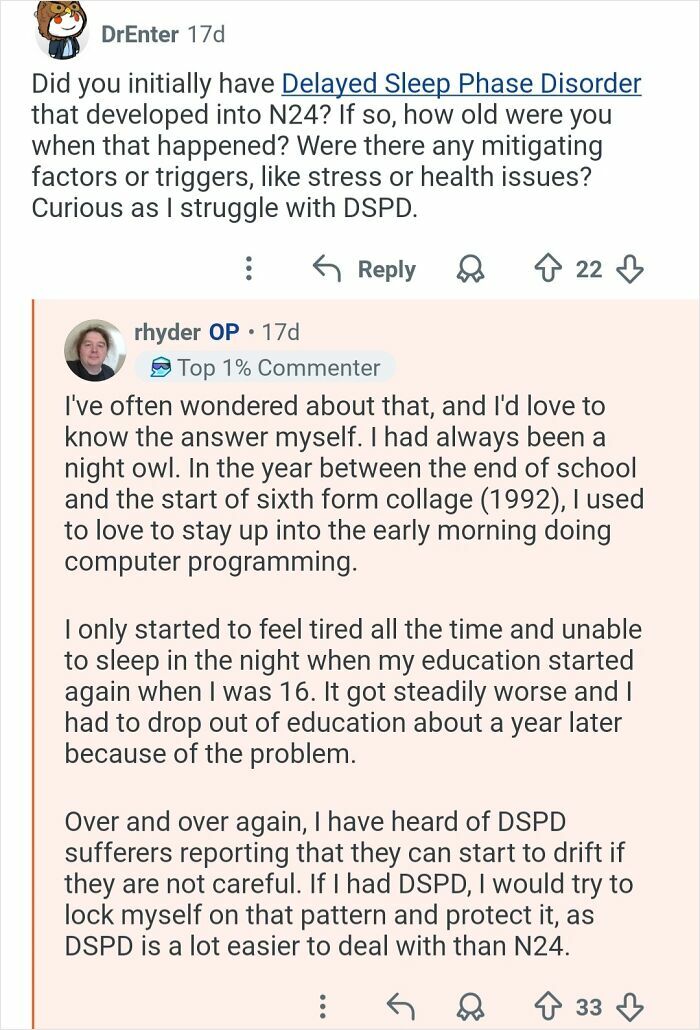 Reddit Q&A discussing living with delayed sleep phase disorder and 26-hour day syndrome experiences.