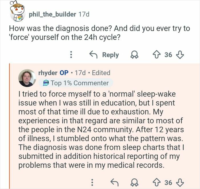 Reddit user explains diagnosis and challenges of living with a 26-hour day sleep-wake cycle causing exhaustion and illness.