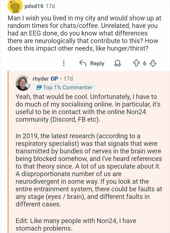 Reddit user discusses living with a 26-hour day condition, neurological issues, and connecting with Non24 community online.