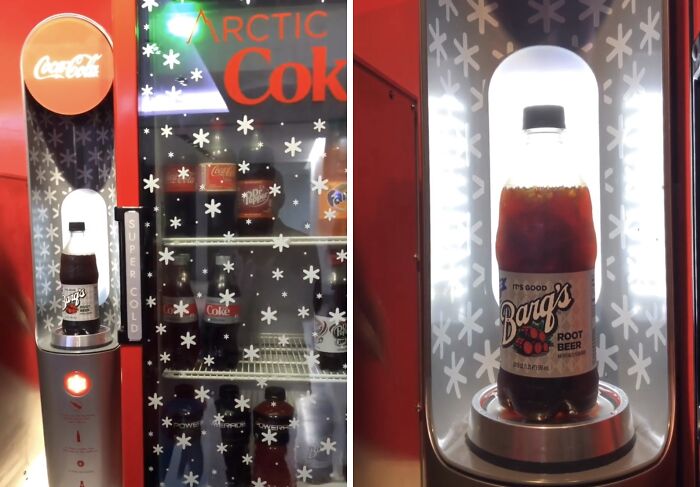 Beverage vending machine with temperature-controlled bottle display showcasing inventive product cooling solutions.