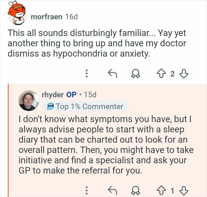 Reddit conversation about symptoms, sleep diary, and advice for living out of sync with the outside world in 26-hour days.