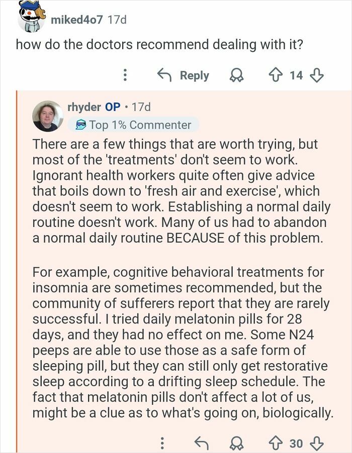 Reddit conversation about treatments and challenges of living with 26-hour days and circadian rhythm disorder.
