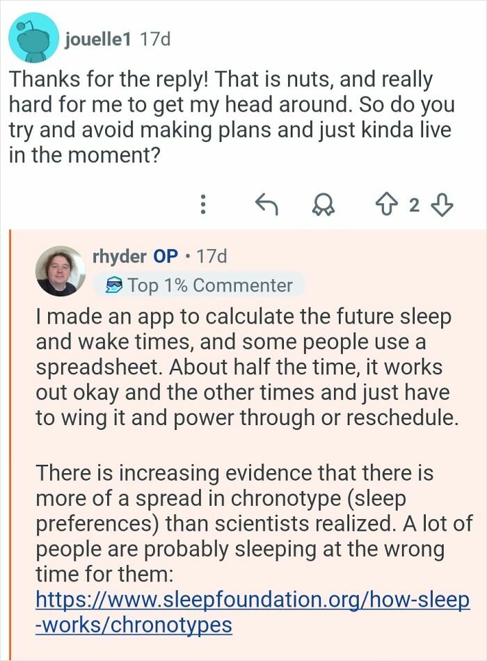 Reddit Q&A discussing living with 26-hour days and managing sleep cycles using apps and spreadsheets.