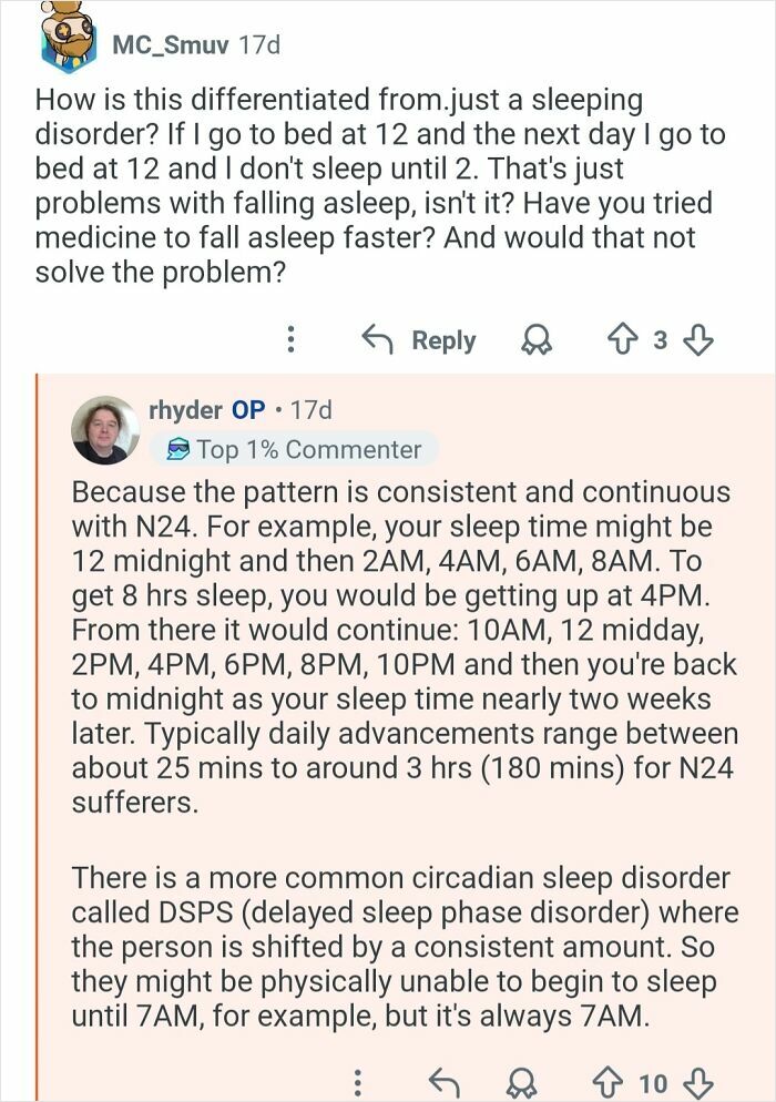 Discussion on living with a 26-hour day cycle and challenges of circadian rhythm sleep disorders.