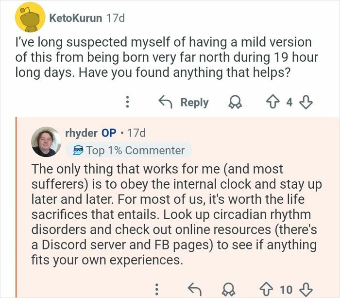 Screenshot of a Reddit conversation discussing living with circadian rhythm disorders and 26-hour day internal clocks.