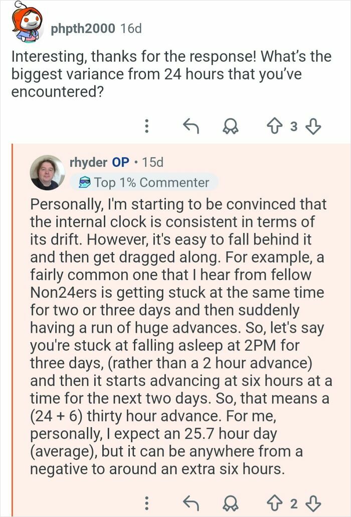 Reddit Q&A discussing living with a 26-hour day and experiences with internal clock drift and Non24 syndrome.