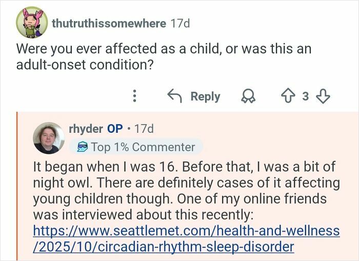 Reddit Q&A discussing living with a 26-hour day circadian rhythm sleep disorder and its effects from age 16.