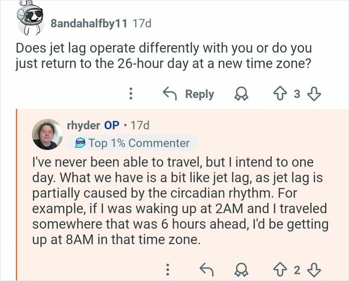 Screenshot of a discussion about living in 26-hour days and experiencing jet lag with altered circadian rhythm effects.