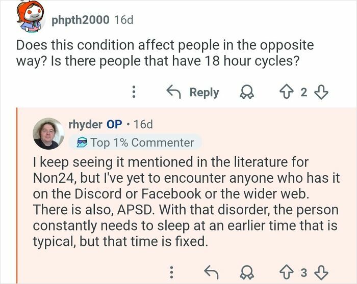 Reddit Q&A discussing the condition of living in 26-hour days and its impact on sleep cycles and disorders.