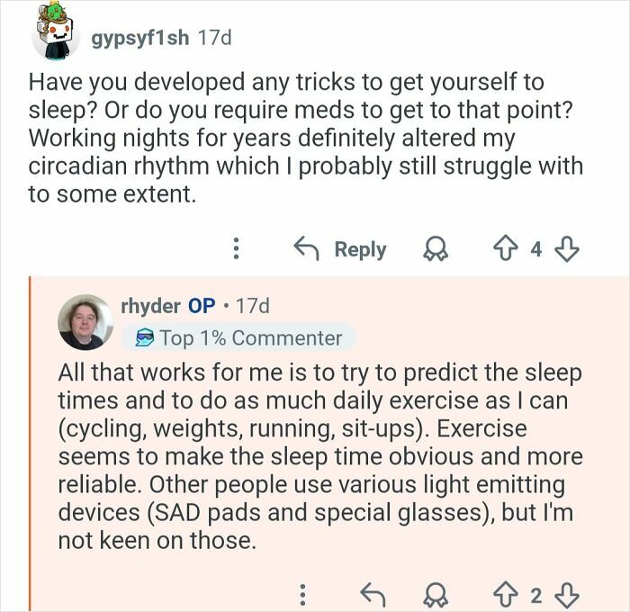 Screenshot of a Reddit Q&A discussing altered circadian rhythm and sleep strategies for living in 26-hour days.