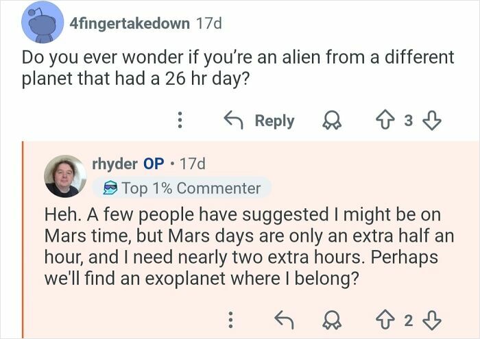 Reddit user discusses living on a 26-hour day, feeling out of sync with the outside world and time differences.