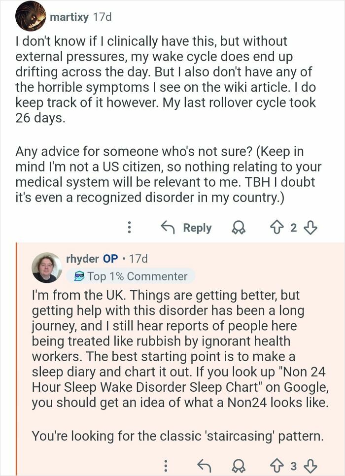 Reddit conversation about living in 26-hour days and challenges with sleep disorder diagnosis and treatment.