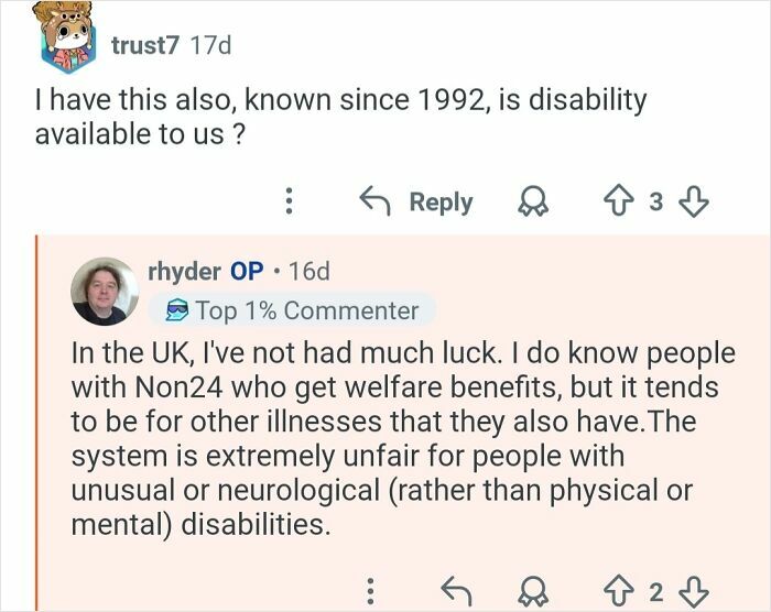 Screenshot of an online Q&A discussing challenges of living with a 26-hour day and disability benefits.