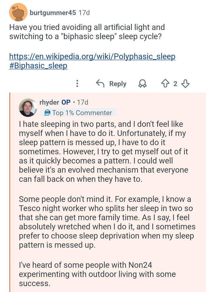 Reddit conversation about sleep patterns and living out of sync with the outside world in 26-hour days.