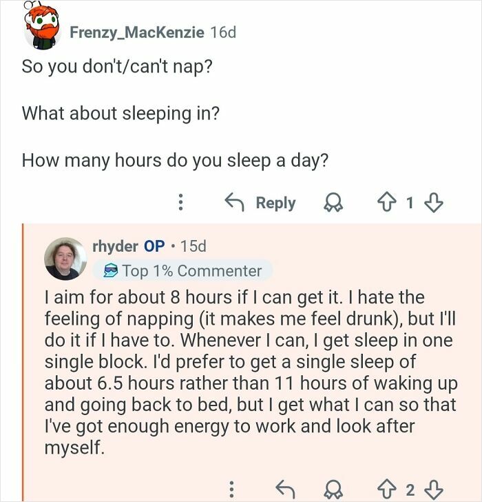 Screenshot of a Q&A discussing sleep habits and energy management living with a 26-hour day schedule.