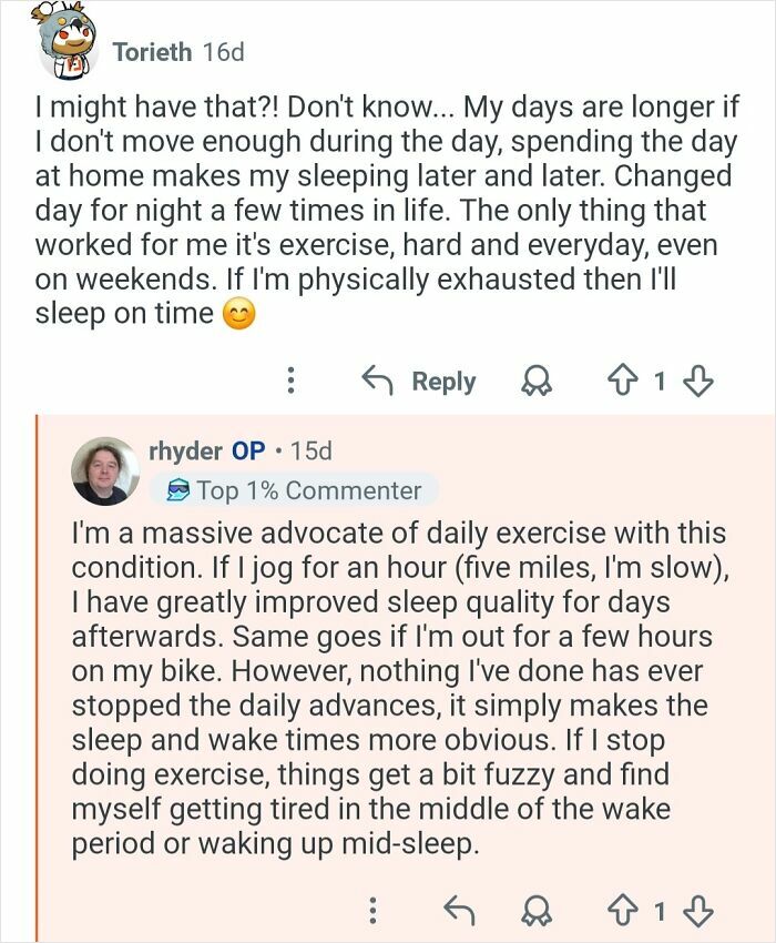 Screenshot of an online Q&A discussing living with 26-hour days and the impact of daily exercise on sleep quality.