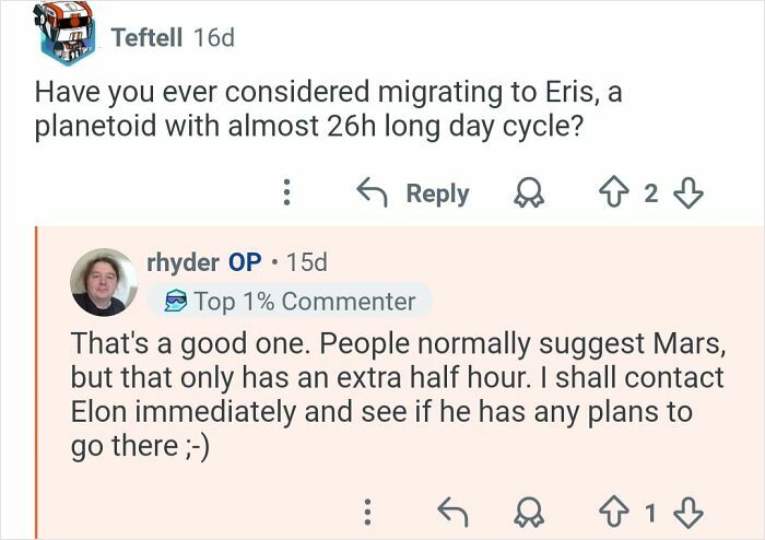 Reddit conversation about living on a 26-hour day cycle planet, discussing migration and day length differences.