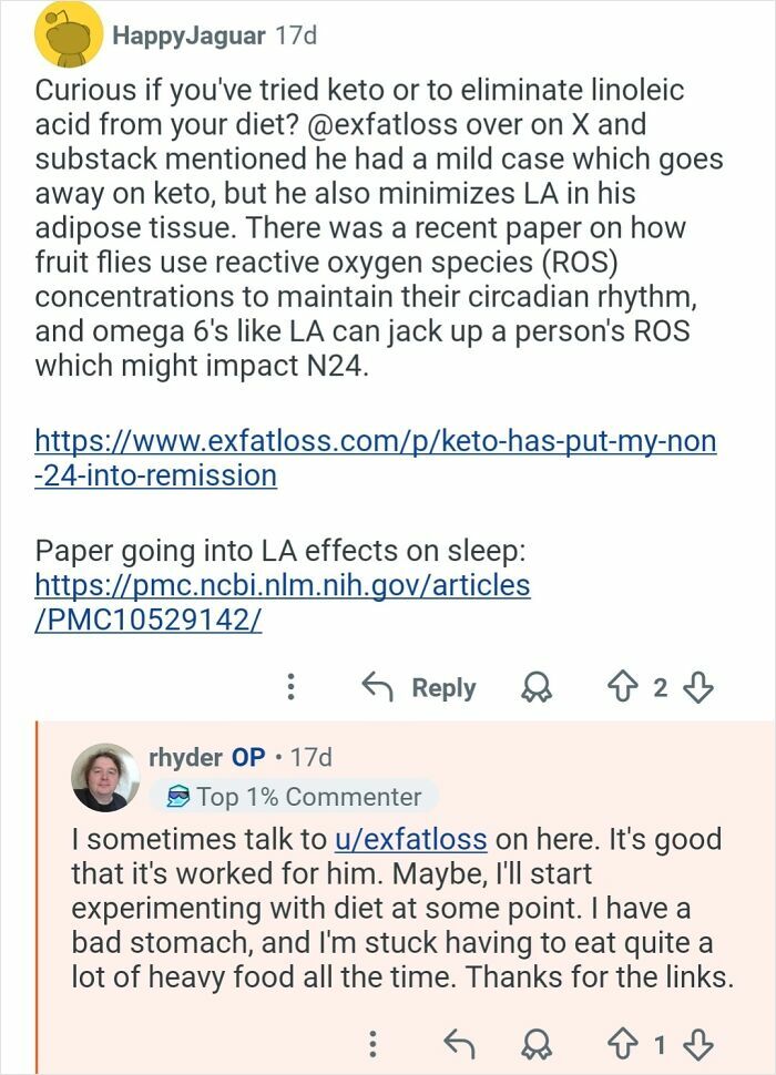 Reddit conversation about keto diet and circadian rhythm effects related to living in 26-hour days and sleep impact studies.