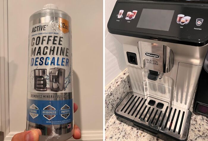 Coffee machine descaler bottle and stainless steel coffee machine on granite countertop for Black Friday deals.