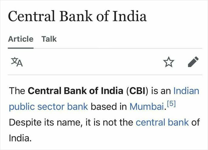 Screenshot of a Wikipedia page for Central Bank of India, humorously noting it is not the central bank.