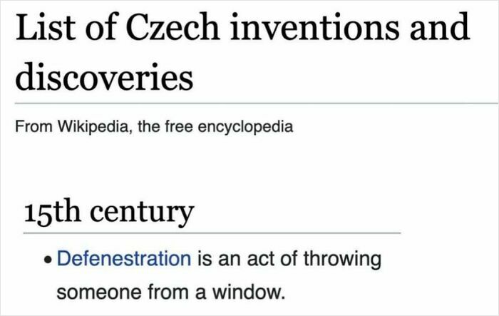 Screenshot of a Wikipedia page listing Czech inventions, highlighting defenestration as throwing someone from a window.