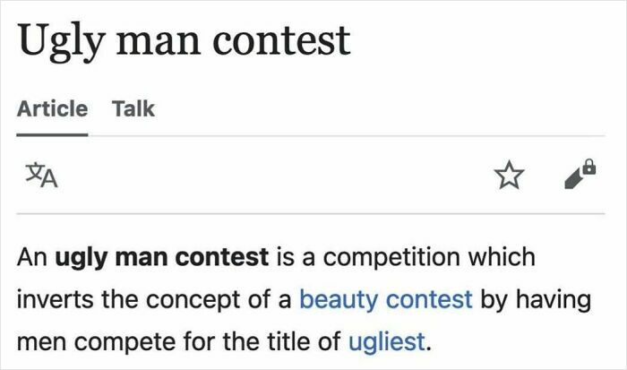 Screenshot of a humorous Wikipedia page about an ugly man contest, shared to crack people up online.